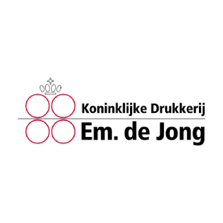 Logo van Koninklijke Drukkerij Em. de Jong. Links staan vier rode cirkels in een vierkant patroon met een kroonvormig element erboven. Rechts staat de bedrijfsnaam in zwart, verdeeld over twee regels. Het logo straalt traditie en vakmanschap uit.