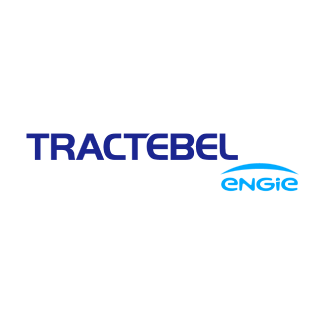 Logo van TRACTEBEL ENGIE. De naam 'TRACTEBEL' staat in donkerblauwe hoofdletters, met daaronder 'ENGIE' in lichtblauw. Het ontwerp is strak en professioneel op een witte achtergrond.